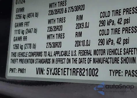 2024 Tesla Model 3 Performance All-Wheel Drive z USA, uszkodzony, nr VIN 5YJ3E1ET1RF821002